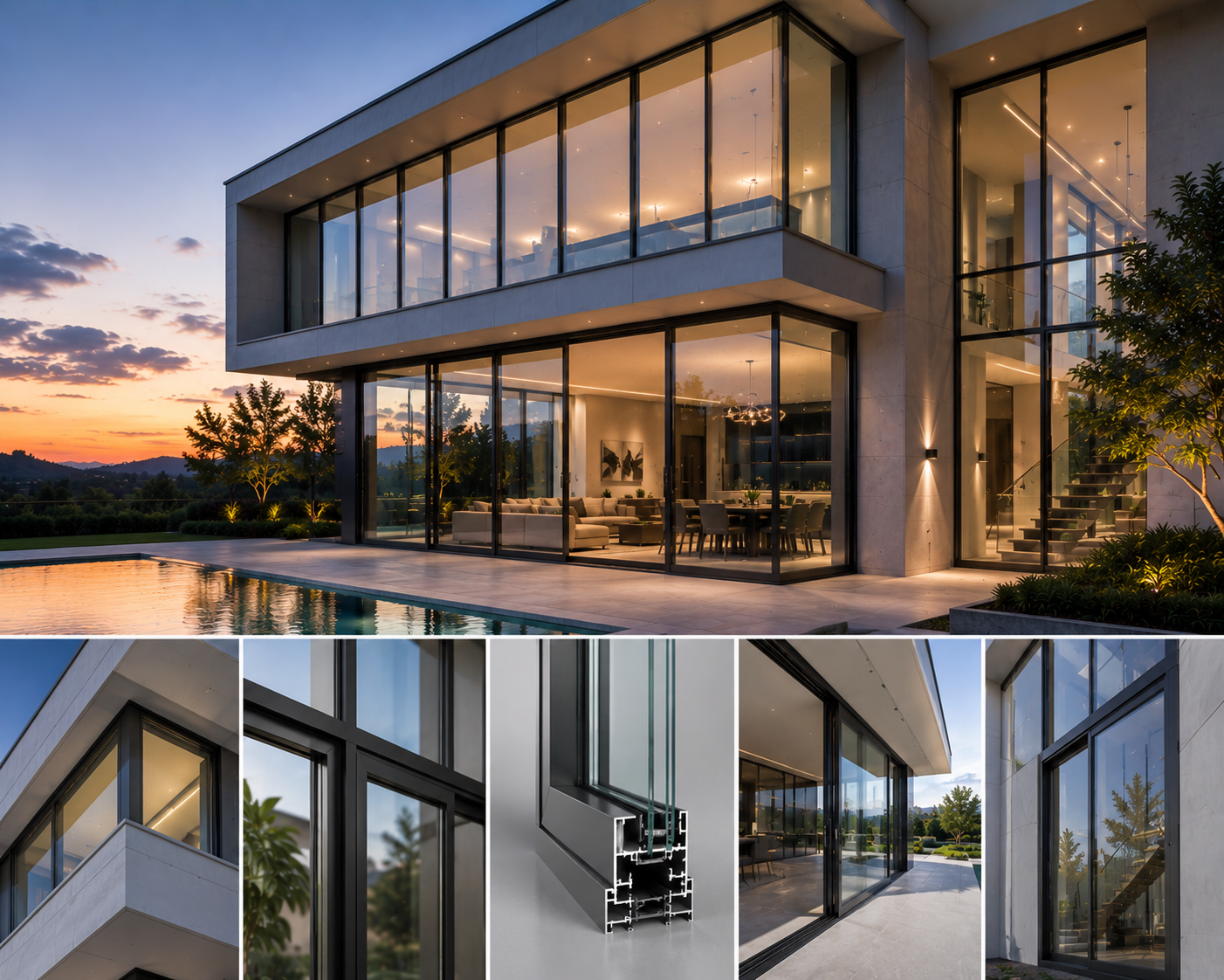 Luxury home interior with large aluminium windows