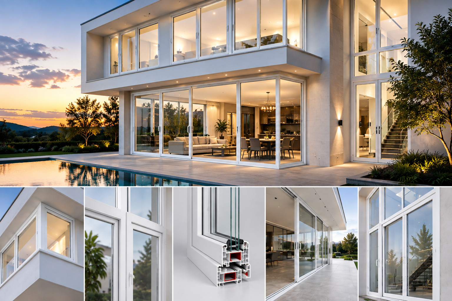 Luxury home interior with large aluminium windows